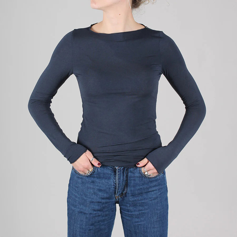 MYSUBLYME Maglia donna girocollo manica lunga in cashmere ultra leggero, tinta unita blu